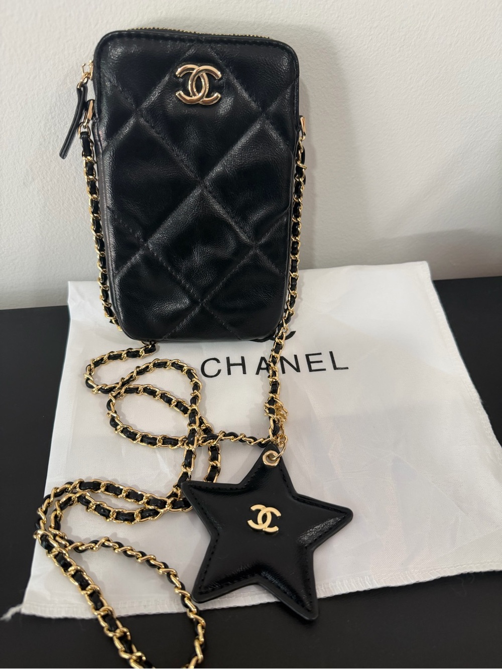 CC Black Quilted Leather Crossbody Phone Bag with Star Mirror Charm